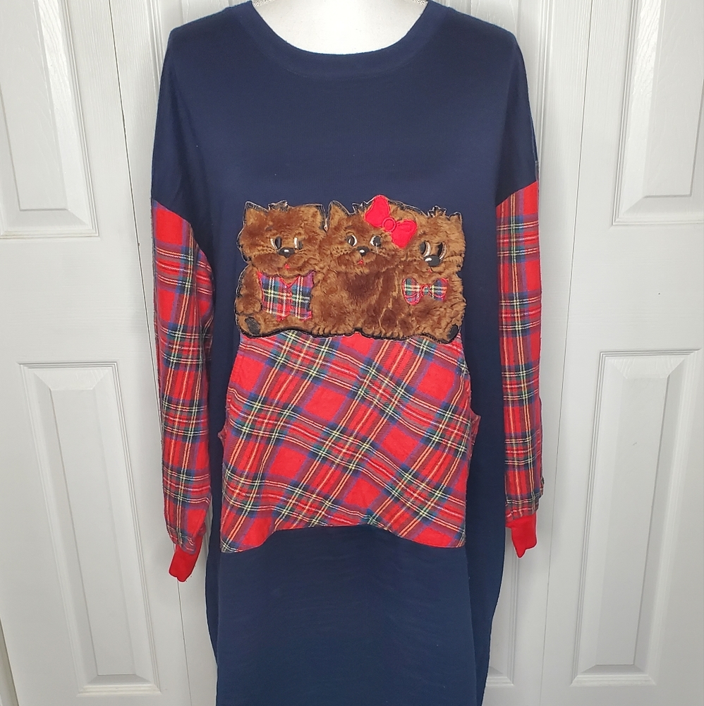 Y2K Country Flannel Nightgown Nightshirt Furry Friends Cats? Cottagecore OOAK
